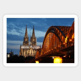 Cologne Cathedral, Dom, Hohenzollern Bridge, dusk, Cologne, Germany Sticker